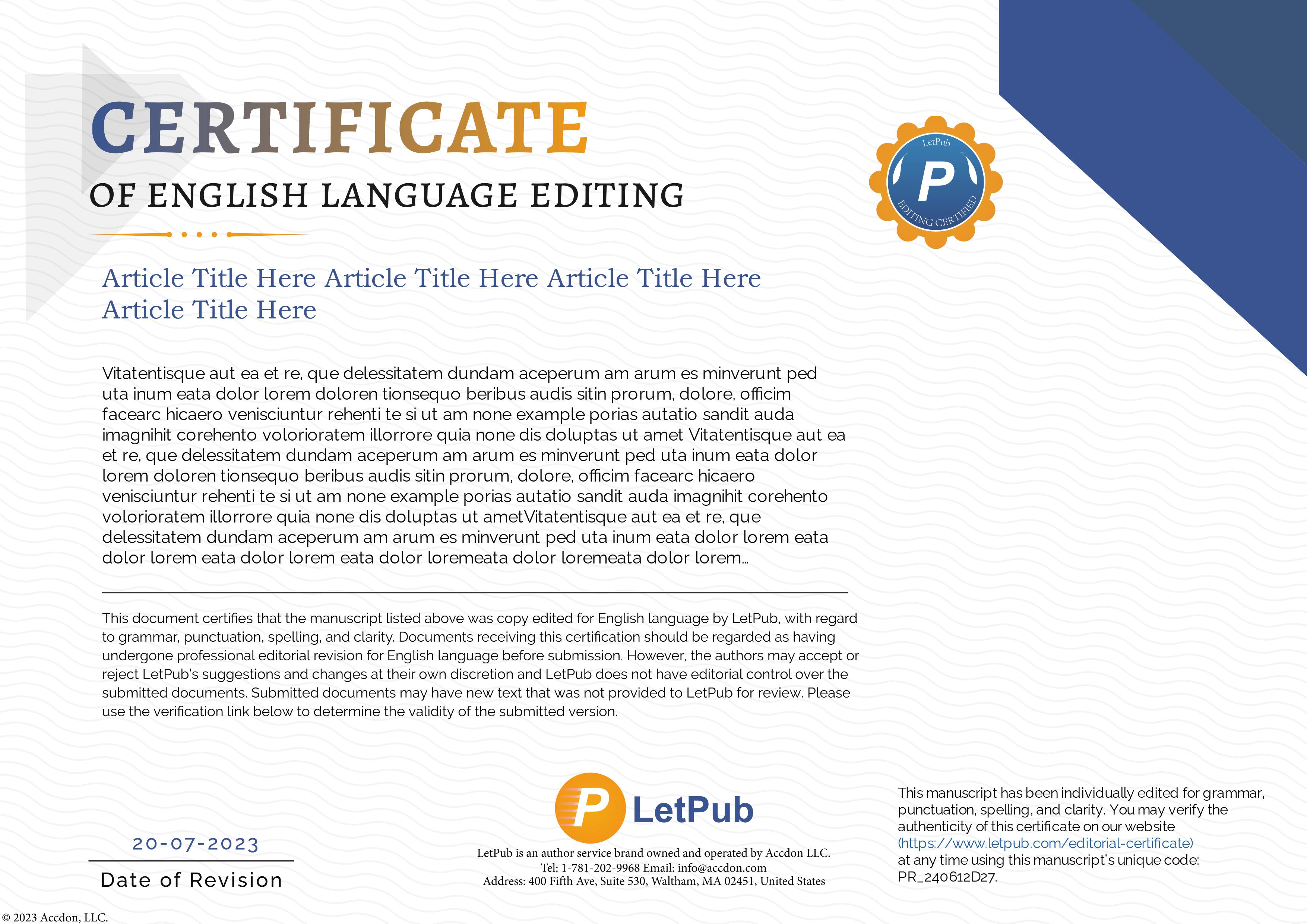 LetPub introduces new editorial certificate and certificate verification